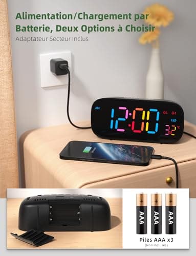 LIORQUE Réveil Numérique, Reveil a Piles LED en Couleur avec Fonction de Snooze, Reveil Digital avec Température, 0-100% Luminosité, 8 Sonneries, 2 Alarmes, 12/24H, Port de Charge USB, Noir