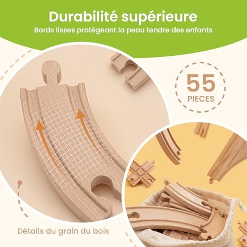 Tiny Land 55 Pcs Circuit Train en Bois, Train Enfant with Grue, Train et Piste Compatible avec Brio Compatible avec Thomas et Grandes Marques Mainstream, Train Jouet pour Enfants 2~5 Ans
