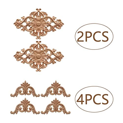 Gotetiso 6 Pièces Moulure Decorative Bois Applique en Bois Sculpté Non Peint Sculpté Coin Onlay Appliques Bois Sculpté Meuble Décoratifs en Bois Placard Armoire Décalque Maison Décoration