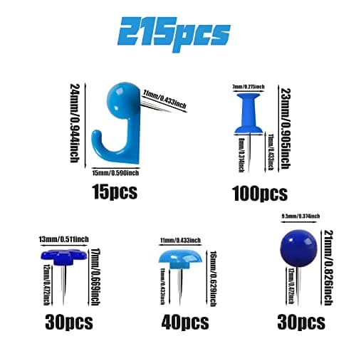 VAPKER Lot de 215 punaises bleues – Rondes, plates, en forme de cœur et standard avec pointe en acier