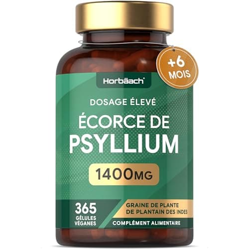 Psyllium Blond Gelules 1400 mg | 365 Psyllium Gelules Vegan | 6 Mois | Fibre de Psyllium Husk Haute Dosage | Prébiotique naturel | par Horbaach