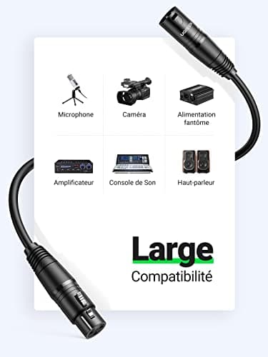 UGREEN Câble XLR Câble Microphone Mâle vers Femelle Compatible avec Microphone Table de Mixage Enceinte Caméra Amplificateur Alimentation Fantôme Hautparleur Mélangeur Console Sonorisation (2M)