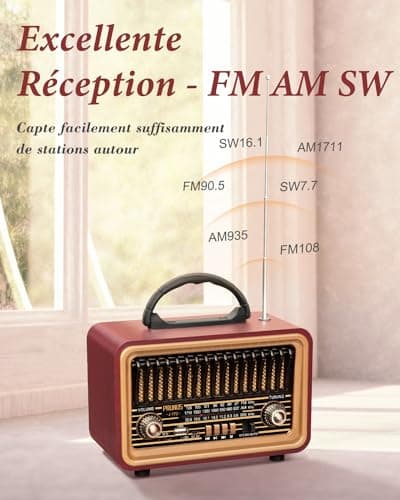 Poste Radio Vintage, PRUNUS J-170 Radio Vintage Retro AM/FM/SW Radio Portable Rechargeable avec Batterie 1800mAh, Radio Bluetooth avec Son Stéréo Puissant, Support pour USB/TF/TWS