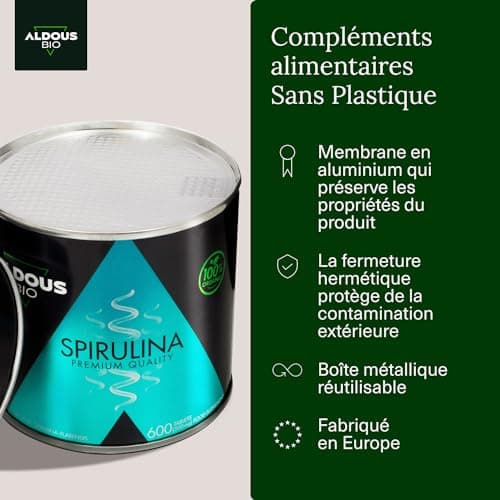 Spiruline Bio Comprimés | 600 Comprimés | Dose 3000mg | Detox - Riche en Phycocyanine & en Protéines | Complement Alimentaire Fatigue & Immunité Adulte | Minéraux & Vitamines | Sans Plastique