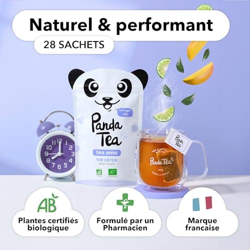 Panda Tea - Thé Earl Grey Tea Amo Detox Bio - Brule Graisse, Coupe Faim, Draineur, Slim Fit, Tisane à Froid ou Chaud ou Glacée - Certifié Biologique - Cure 28 Sachets Coton