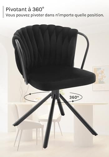 WOLTU Chaise de Salle à Manger Pivotante Lot de 4, Fauteuil Rembourré avec Dossier Tressé et Pieds en Métal, Chaise Scandinave, en Velours,Noir,EZS72sz-4