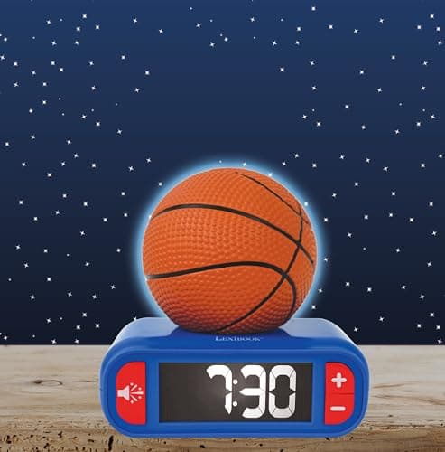Lexibook, Basketball, Réveil veilleuse Ballon de Basket, Sons et mélodies, Ecran LCD rétro-éclairé, Lumineux, Snooze, Bleu / orange, RL800BA