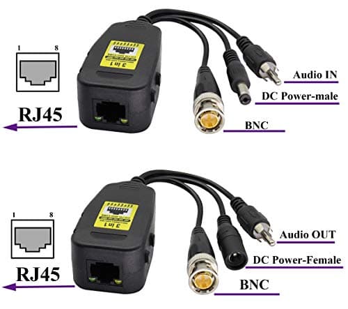 AAOTOKK BNC à RJ45 Émetteur-Récepteur DC Power Passive Audio Video Balun HD-CVI/TVI/AHD/CVBS avec Prise DC pour 720P-1080P 3MP 4MP 5MP 8MP CCTV Security DVR Système Caméra Surveillance (19cm/4Paires)
