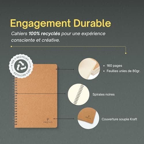 PREVIS X4 Carnet de Notes A5 Feuille Blanche 100% Recyclée - Lot de 4 Petit Cahier de Note A5 avec Anneaux - Idéal pour les Devoirs, le Travail, la Détente et le Déstressage de l'Esprit