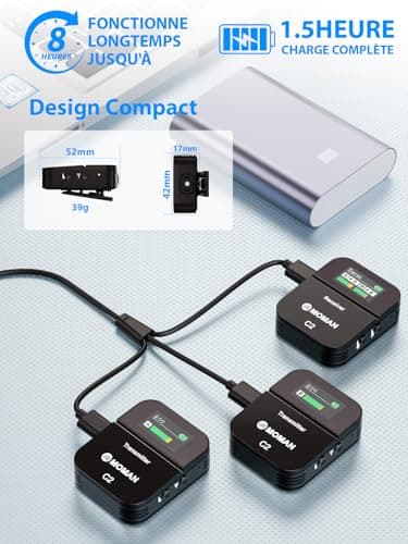 Micro Cravate sans Fil Professionnel, Moman C2X Wireless Lavalier Microphone Con Écran TFT pour Appareil Photo Transmission 100m Caméra DSLR Caméscope Smartphone PC Laptop Tablette