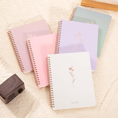 MGGAO Lot de 5 carnets à spirales A5 avec motif marbré et floral, papier épais 100 g/m2, journal ligné de 8 mm, journal à spirale pour étude et notes