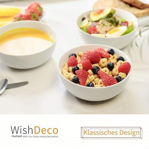 WishDeco Lot de 4 Bols à Céréales, Bols à Soupe 600ml, Bols Petit Déjeuner en Porcelaine, Bols Blancs pour Dessert, Pâtes, Nouilles, Riz, Salade, Fruits