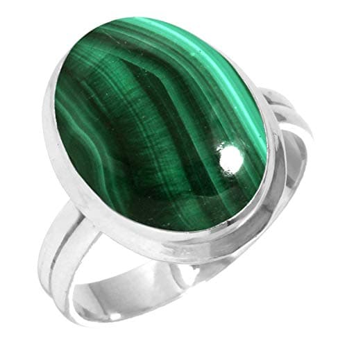 Jeweloporium Bague en argent 925 pour femme Taille 52 Vert Authentique Malachite Gemme Ancien Bague en argent Fête des mères Cadeau Solitaire Bijoux