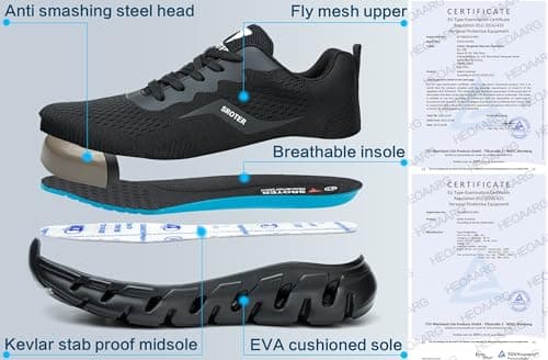 HEOAARG Chaussures de Sécurité Hommes Femme Embout Acier Chaussures de Travail Légère Respirant Antidérapante Basket de Securite Chaussure de Chantier,Noir EU 42