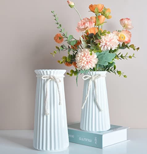 Hauteur 19 cm Vase Conique en Céramique Blanche pour Pampas, Moderne Haut Vase Decoratif pour Centre de Table Deco