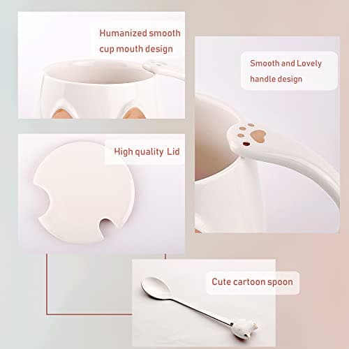 SHENDONG Tasse chat blanc Jolie tasse à café en céramique avec couvercle et cuillère Kawaii Nouveauté Morning Cup Tasses à café- Animaux 3D Tasses de chat pour les amoureux des chats Femmes Cadeaux