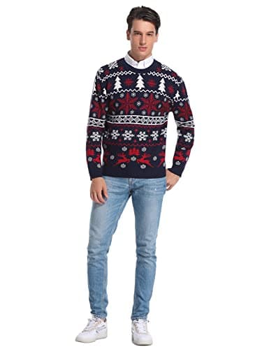 Litherday Pull de Noël Famille Unisexe Sweater Tricot à Col Rond avec Renne Flocon de Neige Arbre de Noël Imprimé Pull Manche Longue Hiver Sweat-Shirt,Noir Homme,M