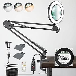 Lampe de Bureau Loupe 10X 15X et LED, Lampe Loupe sur Pied avec 3 Modes de Couleurs et 10 Niveaux de Gradation, Lampe Eclairante avec Bras Pivotant Réglable pour Lire et Travailler