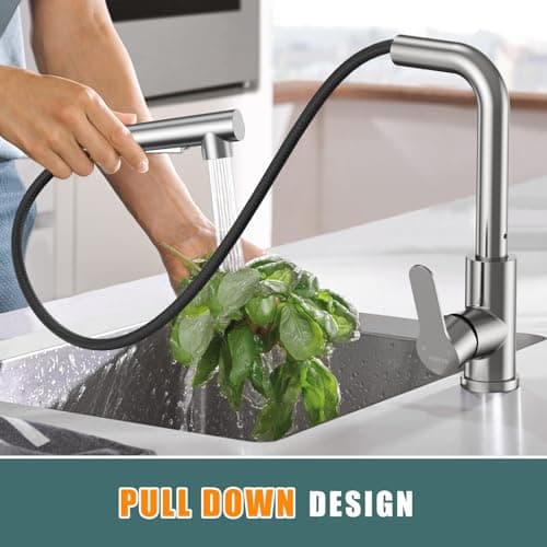 HURRAN Robinet Cuisine avec Douchette Extractible, Mitigeur Cuisine en acier inoxydable avec 2 Modes de Pulvérisation, Robinetterie de Cuisine Monocommande Pivotant à 360°, Nickel Brossé