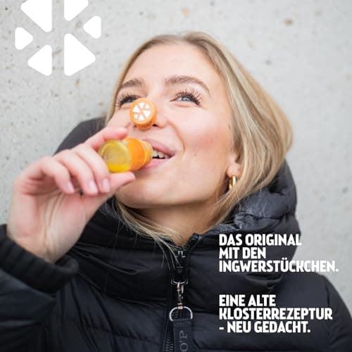 Kloster Kitchen Bio gingembre Shot curcuma, 12 SHOTS à 360 ml avec morceaux de gingembre, Shots de gingembre au curcuma en bouteille en verre, végétalien (incl. 0,25€ de caution consigne)