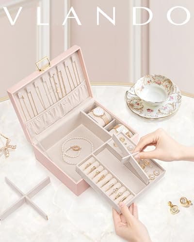 Vlando Boîte à bijoux en cuir à 2 niveaux pour femme et fille avec 2 coussins de montres, organisateur de bijoux, boîte à bijoux, idée cadeau, pour montres, bagues, boucles d'oreilles, colliers