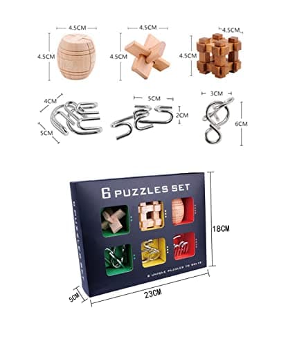 Chonor 6 Pièces 3D Puzzle en Métal Casse-tête en Bois - Classique Brain Teaser IQ Puzzle Éducatif Jouet Jeu Jigsaw pour Enfants et Adultes - Parfait pour l'idée de Cadeau et la Décoration à la Maison