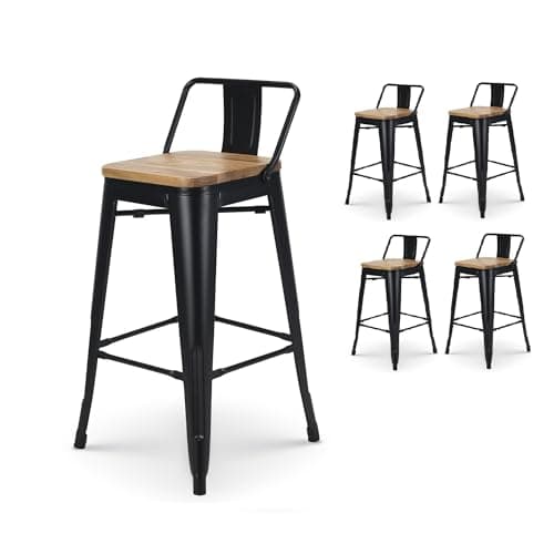 Kosmi - Lot de 4 tabourets de Bar en métal Noir Mat Style Industriel avec Dossier et Assise en Bois Clair - Hauteur 66cm