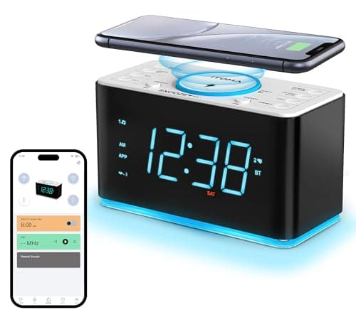 Radio réveil avec Chargeur sans Fil 15W, APP contrôle, FM Radio, Bluetooth, Deux Ports de Charge, Double réveil, minuterie de Sommeil, Snooze, gradateur Manuel Automatique iTOMA 207A