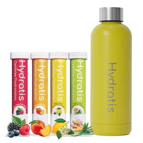 HYDRATIS - Pack 4 Tubes de Pastilles Effervescentes avec Electrolytes + Gourde 500ml Jaune - Optimise l'Hydratation - Citron/Fleur de Sureau + Fruits des Bois + Pêche + Citronnelle/Gingembre