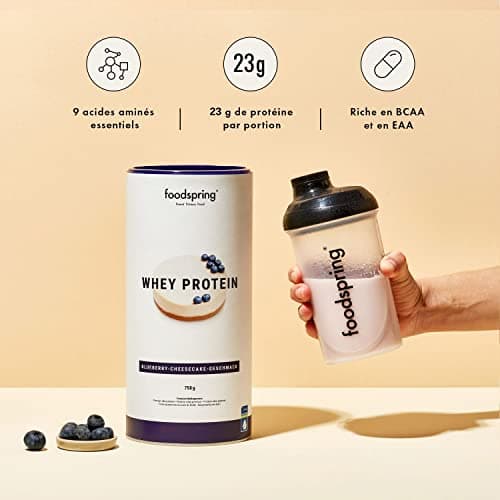 foodspring - Poudre de protéines whey Blueberry Cheesecake - Avec 23 g de protéines de croissance musculaire, solubilité parfaite, ultra-filtrée et riche en BCAA et EAA - goût délicieux (750 g)