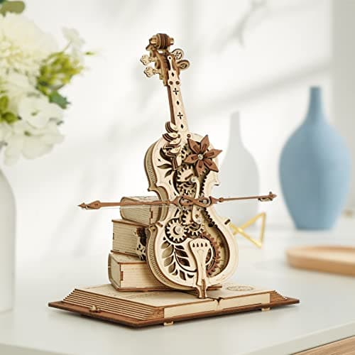ROBOTIME Puzzle 3D en Bois pour Adultes - Boîte à Musique Violoncelle - Kit de Maquette d'engrenage de Construction - Décoration Exquise Cadeaux