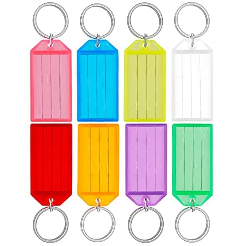Uniclife 20 Pièces Porte Clés Porte Clef en Plastique de 5 cm avec Étiquettes en Papier Vierge Lignées Couvercles Transparents et Anneaux Fendus Identificateurs d'articles Robustes, 8 couleurs