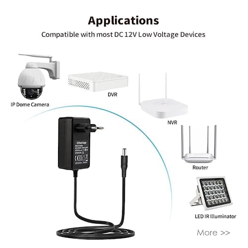Lonnky Adaptateur 12V 2A avec Câble de 1,8 M, AC 100-240V à DC 12V, Connecteur Universel 2,1 mm x 5,5 mm pour LCD, Routeurs et Caméras de Surveillance