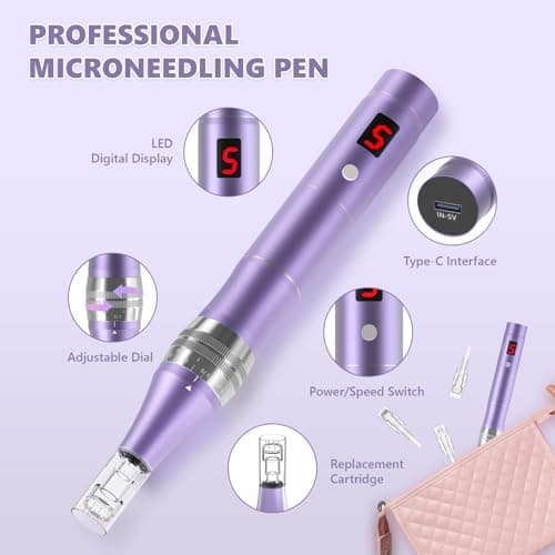 QUELLE Dermapen Microneedling Professionnel 5 Vitesses avec Écran LCD et 16 Aiguilles,Microneedling Visage Réglable de 0 à 2.0mm,Microneedling Pen Pour les Soins de la Peau