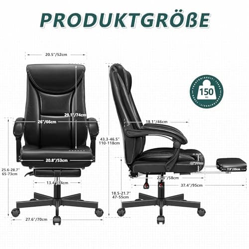 DoChair Fauteuil de Direction Chaise de Bureau Large siège de Bureau Ergonomique Dossier Haut 150KG avec Repose-Pieds Office Chair en Cuir PU, Noir