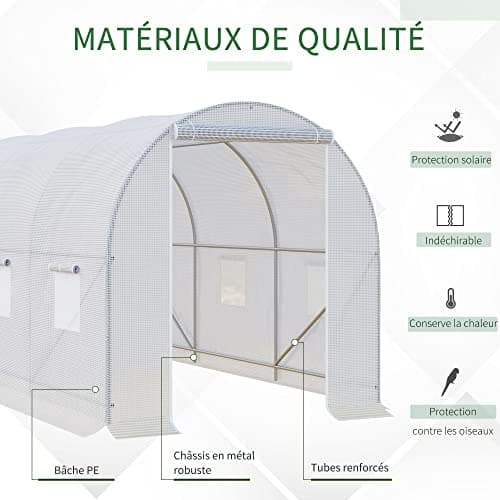 Outsunny Serre de Jardin Tunnel Surface Sol 7 m2 3,5L x 2l x 2H m châssis Tubulaire renforcé 18 mm 6 fenêtres Blanc