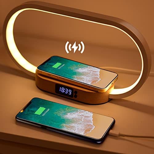 Lampe de Chevet Chargeur sans Fil, Tactile avec Port USB, Chargeur Induction avec L'horloge, Lampe de Table avec 3 Modes de Couleur et Intensité Variable, Bois&Blanc