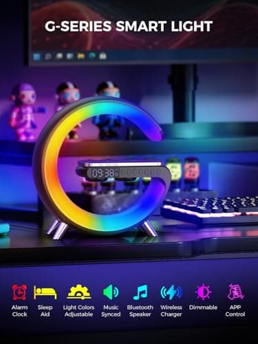 Smiling Shark Intelligente Lampe Ambiance, Lampes de Réveil Lumière avec Charge Sans Fil & Haut-Parleur Bluetooth Simulateur D'aube Dimmable Lampe de Reveil avec App Contrôle pour Chambre Salon