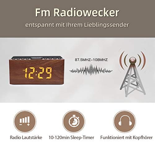 Radio Réveil Numérique en Bois avec Radio FM,Station de Charge sans fil Rapide Pour iPhone/Samsung Galaxy,Alarm Clock et Affichage LED,Variateur à 5 Niveaux,Port USB,Minuterie de Sommeil, Marron