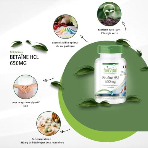Fairvital | Betaine HCL 650mg - dose élevée - VEGAN - 120 capsules - chlorhydrate de bétaïne