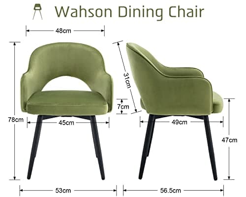 Wahson Chaise Salle a Manger en Velours, Lot de 2 Chaises avec Coussin Pivotant, Chaise de Salon Pied Métal Fauteuil pour Cuisine et Maison, Vert