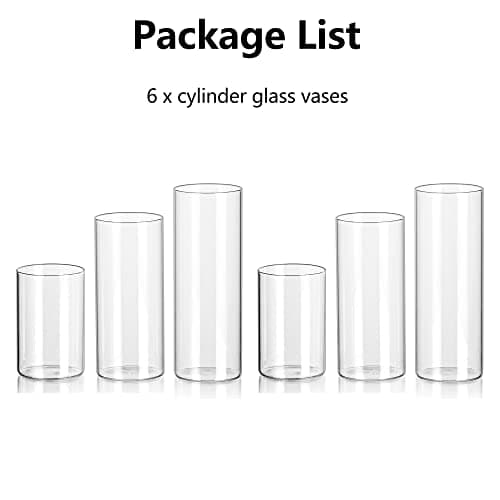 Hewory Vases Cylindriques en Verre Lot de 6, Grand Vase en Verre Transparent pour Fleurs, Support de Bougie pour Bougie Pilier Flottante, Vase à Fleurs pour Centre de Table pour Mariage, 10/15/20cm