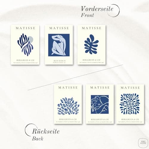 ZoeyAustin® Lot de 3 posters d'art double face - Format A3 (30 cm x 42 cm) - Poster mural élégant - 3 tableaux muraux - Images recto-verso (Matisse Blue, sans cadre - DIN A3)