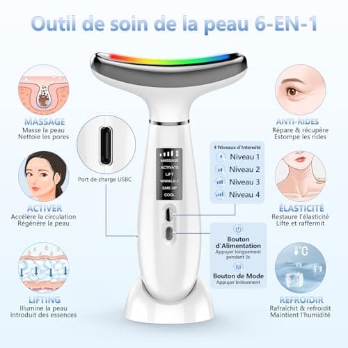 Appareil Anti Rides Visage, Appareil de Beauté à 6 Modes, Température 45 °C pour Les Massage Visage, pour l'anti-âge, Le Lifting et le Raffermissement de la Peau Relâchée (Mode LED 4 couleurs)