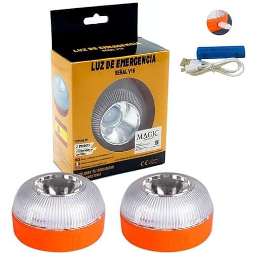 MAGIC SELECT Lumière d'urgence V16 Approuvé par la DGT pour Signalisation Routière de Voitures et Motos. Flash Jaune et Blanc avec, Base Magnétique et Batterie Rechargeable. sans géolocalisation GPS