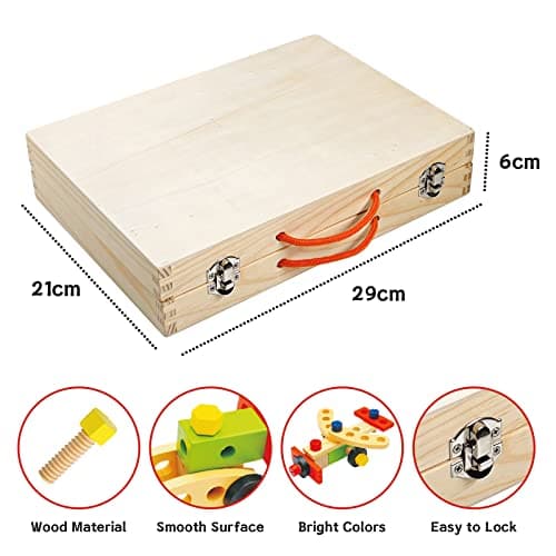 Withosent Caisse à Outils Enfant, 34 Pièces Jouets en Bois Boite a Outil Enfant, DIY Jeux de Construction Enfant pour Garçons Filles de 3 Ans
