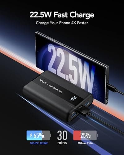 VRURC Batterie Externe 20000mAh USB C Mini Power Bank Charge Rapide 22.5W Batterie Portable avec 3 Ports USB Sortie et LED Display pour Samsung, iPhone,Huawei,Xiaomi etc