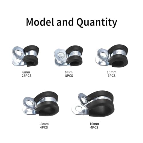 50 Pièces Colliers de Serrage en Caoutchouc P Clips, Coussin Colliers pour Tuyaux Doublés, 6 mm, 8 mm, 10 mm, 13 mm, 16 mm