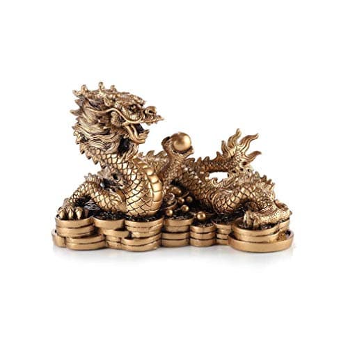 lachineuse - Figurine Grand Dragon Feng Shui - Statuette Dragon sur Sapèques - 14 x 21 x 11,5 cm - Symbole de Puissance, Force & Longévité - Décoration Asiatique Chinoise - Coloris Doré