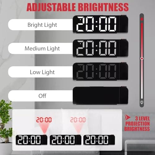 Reveil Projecteur,Reveil Projecteur Plafond,Réveil Projection avec Température,Horloge Numérique LED Projection,Horloge Digitale Projecteur 180°,Luminosité Réglable, pour Chambre, Bureau